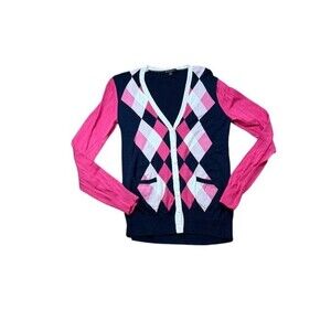 Brooks Brothers Cardigan Sweater Womens Size Medium Blue Pink Argyle Cotton
